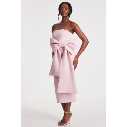 Quiz Clothing Pink Tube Front Bow Detail Midi Dress
