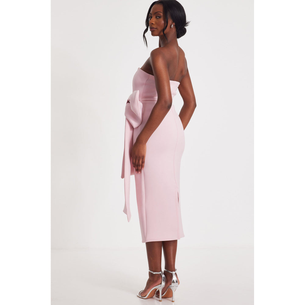 Quiz Clothing Pink Tube Front Bow Detail Midi Dress