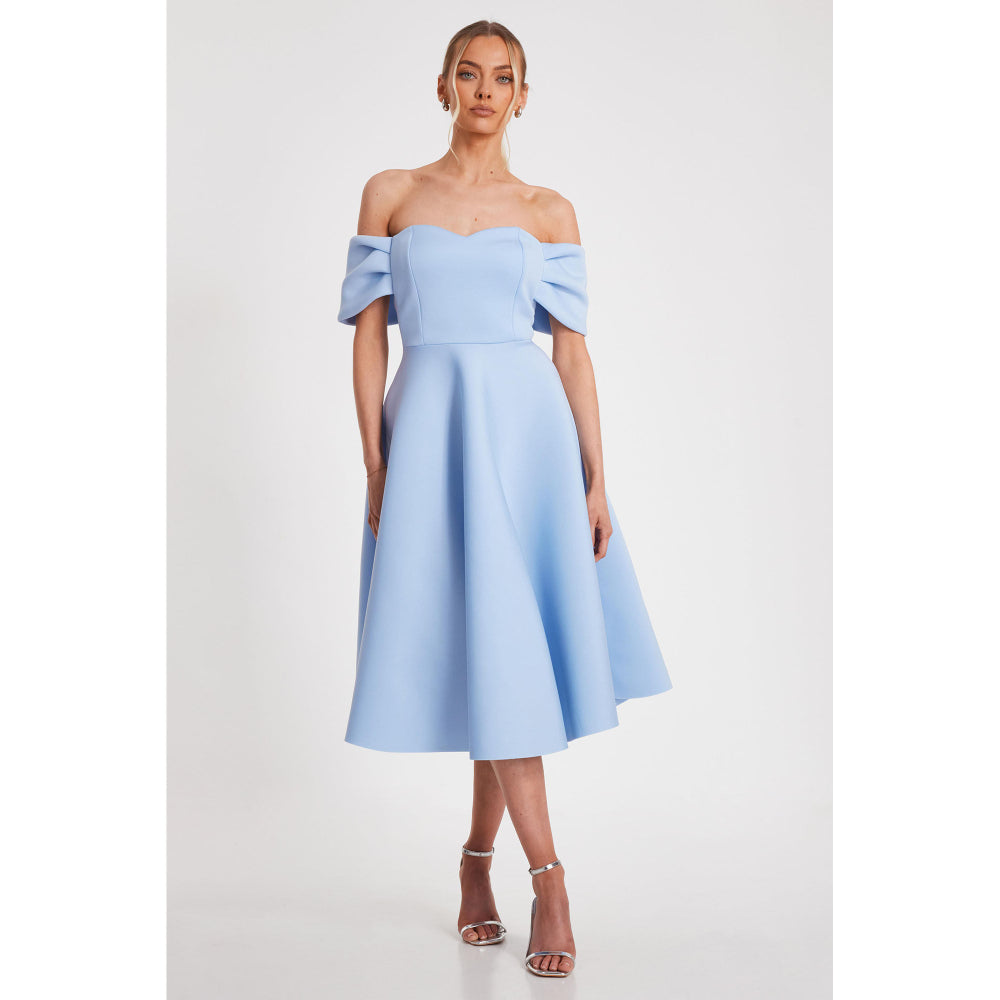 Quiz Clothing Blue Off- Shoulder Pleated Skater Midi Dress