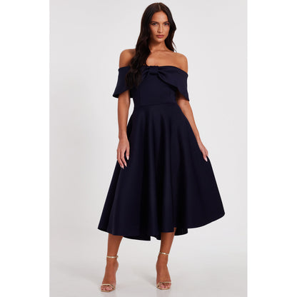 Quiz Clothing Navy Blue Off Shoulder Front Bow Detail Pleated Skater Midi Dress