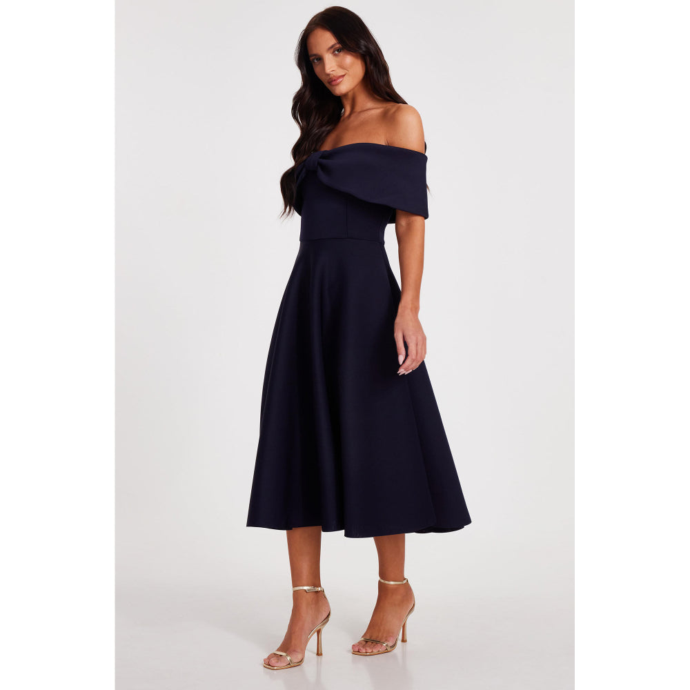 Quiz Clothing Navy Blue Off Shoulder Front Bow Detail Pleated Skater Midi Dress