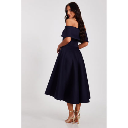 Quiz Clothing Navy Blue Off Shoulder Front Bow Detail Pleated Skater Midi Dress
