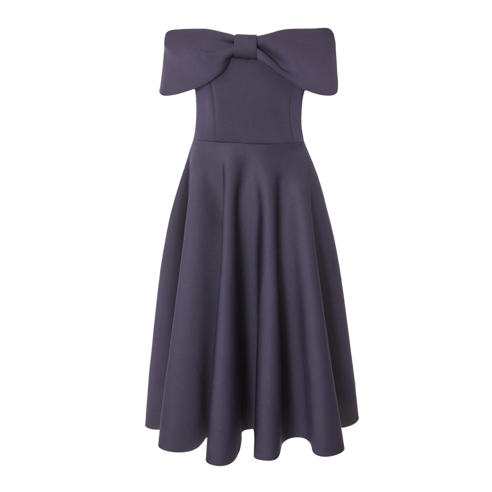Quiz Clothing Navy Blue Off Shoulder Front Bow Detail Pleated Skater Midi Dress