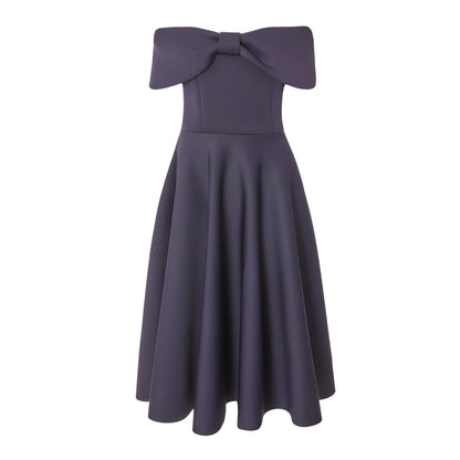 Quiz Clothing Navy Blue Off Shoulder Front Bow Detail Pleated Skater Midi Dress