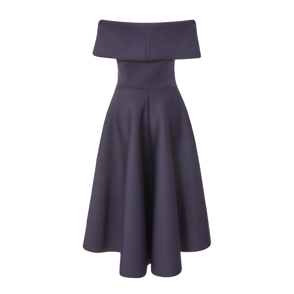 Quiz Clothing Navy Blue Off Shoulder Front Bow Detail Pleated Skater Midi Dress
