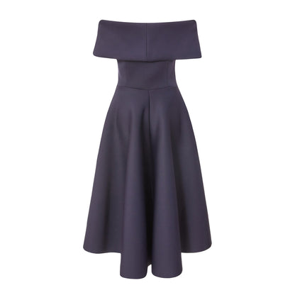 Quiz Clothing Navy Blue Off Shoulder Front Bow Detail Pleated Skater Midi Dress