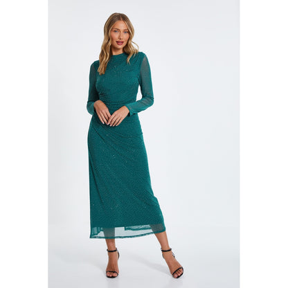 Quiz Clothing Green Rhinestone Mesh Ruched Long Sleeves Round Neck Midi Dress