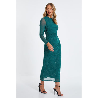 Quiz Clothing Green Rhinestone Mesh Ruched Long Sleeves Round Neck Midi Dress