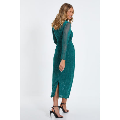 Quiz Clothing Green Rhinestone Mesh Ruched Long Sleeves Round Neck Midi Dress