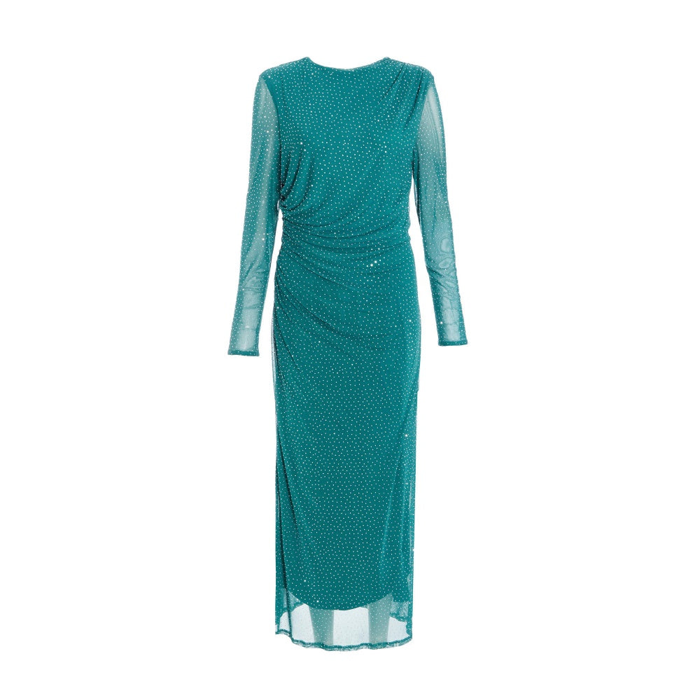 Quiz Clothing Green Rhinestone Mesh Ruched Long Sleeves Round Neck Midi Dress