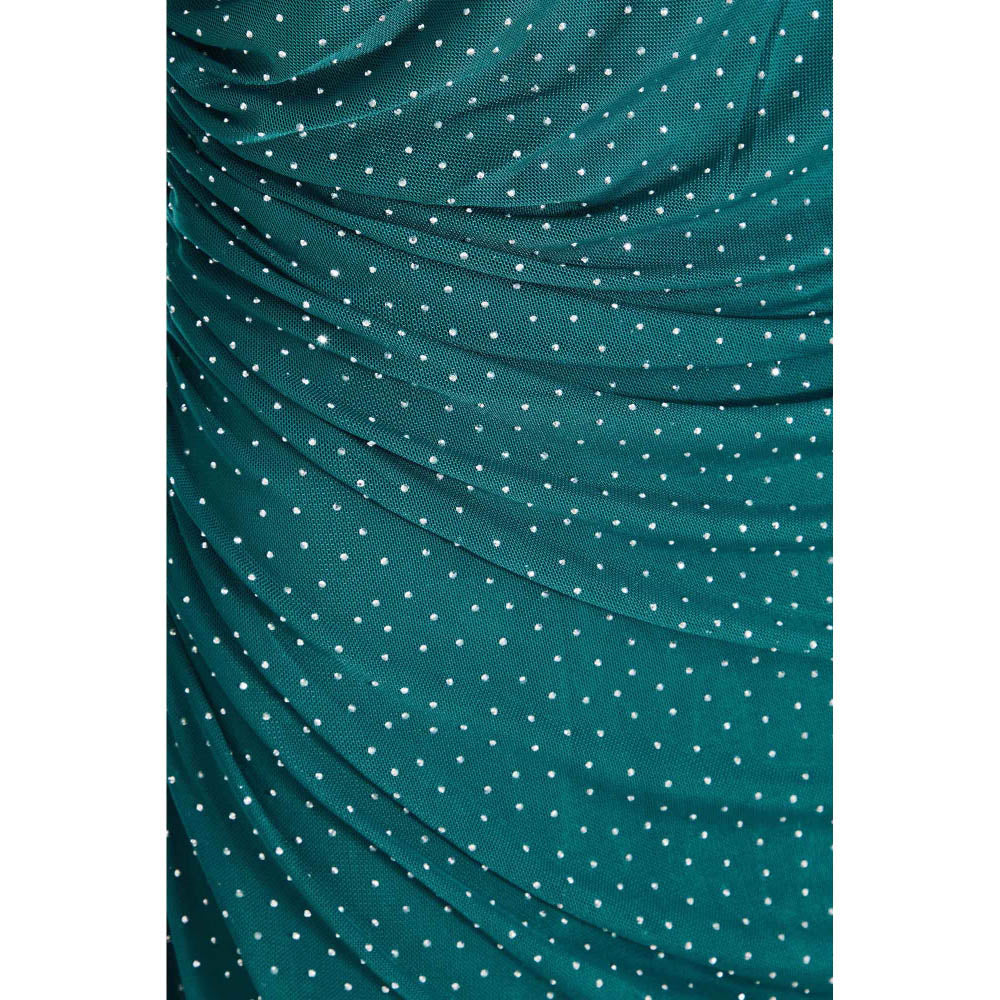 Quiz Clothing Green Rhinestone Mesh Ruched Long Sleeves Round Neck Midi Dress