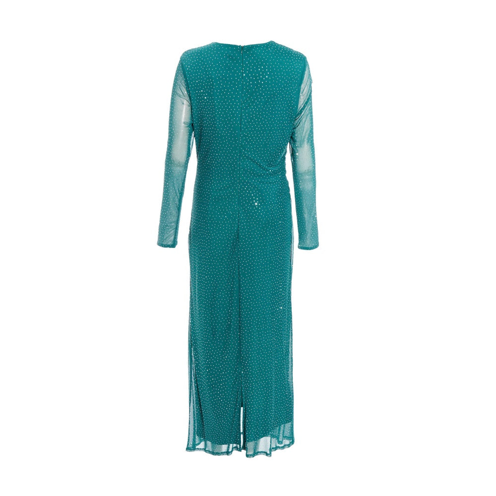 Quiz Clothing Green Rhinestone Mesh Ruched Long Sleeves Round Neck Midi Dress
