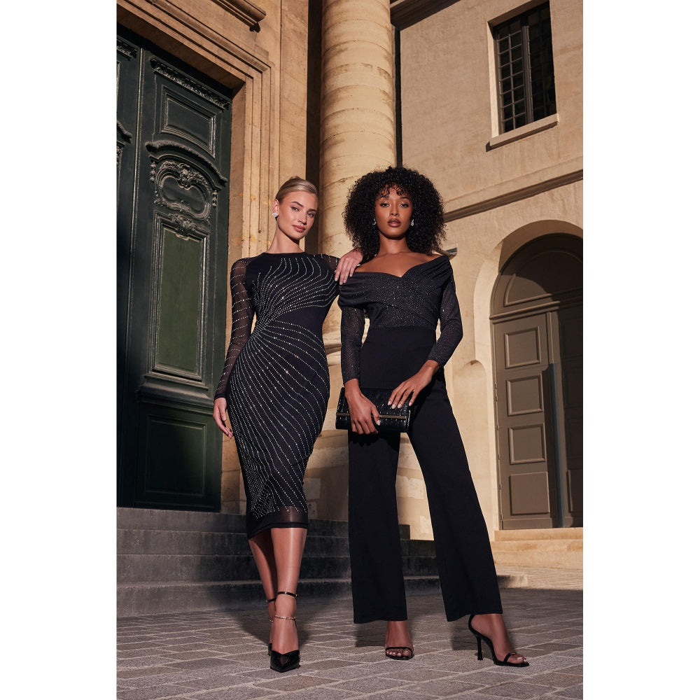 Quiz Clothing Black Diamante Stud Mesh Long Sleeve Midi Dress
