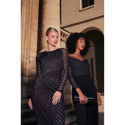 Quiz Clothing Black Diamante Stud Mesh Long Sleeve Midi Dress