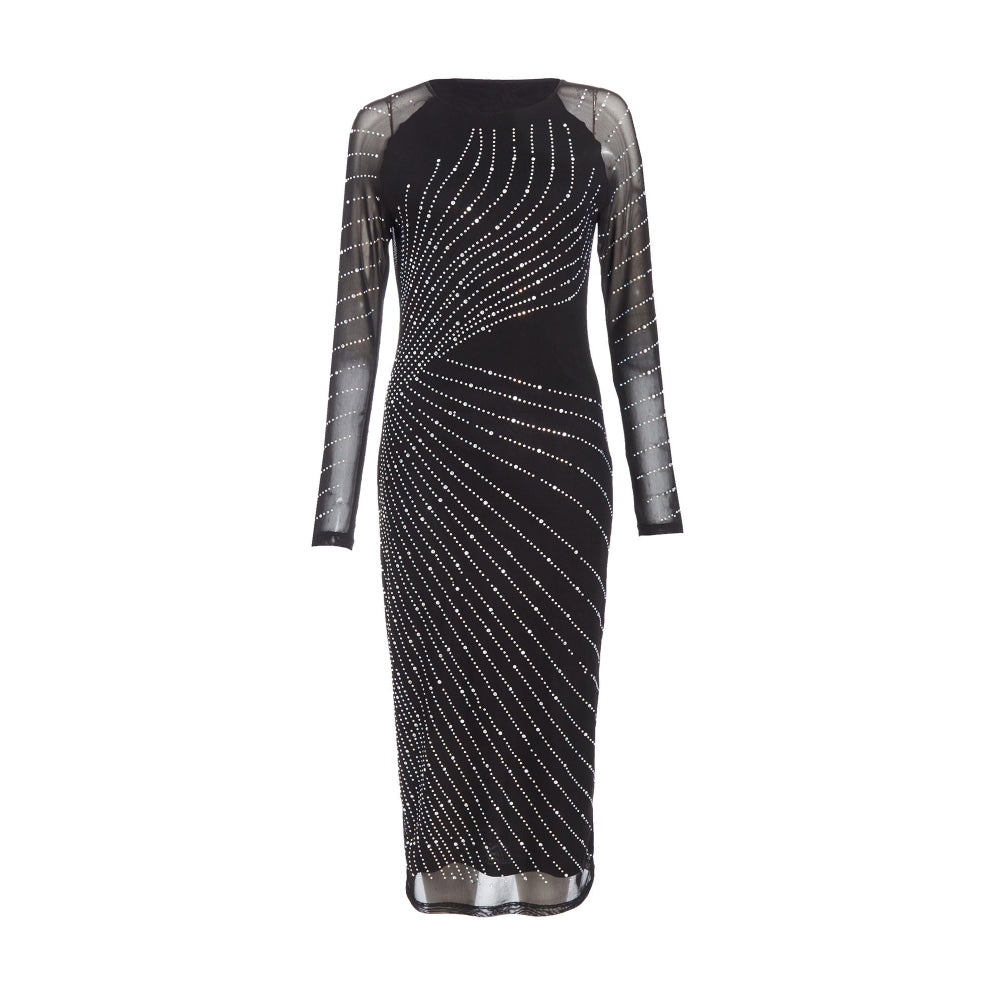 Quiz Clothing Black Diamante Stud Mesh Long Sleeve Midi Dress