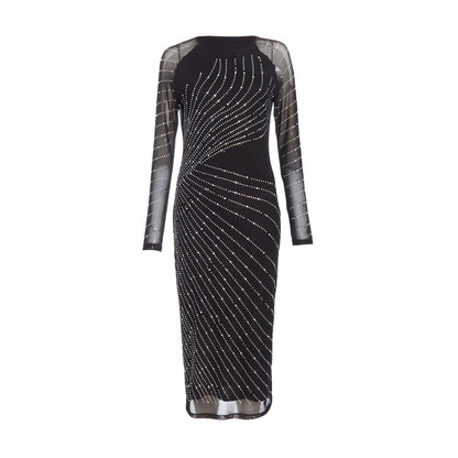 Quiz Clothing Black Diamante Stud Mesh Long Sleeve Midi Dress