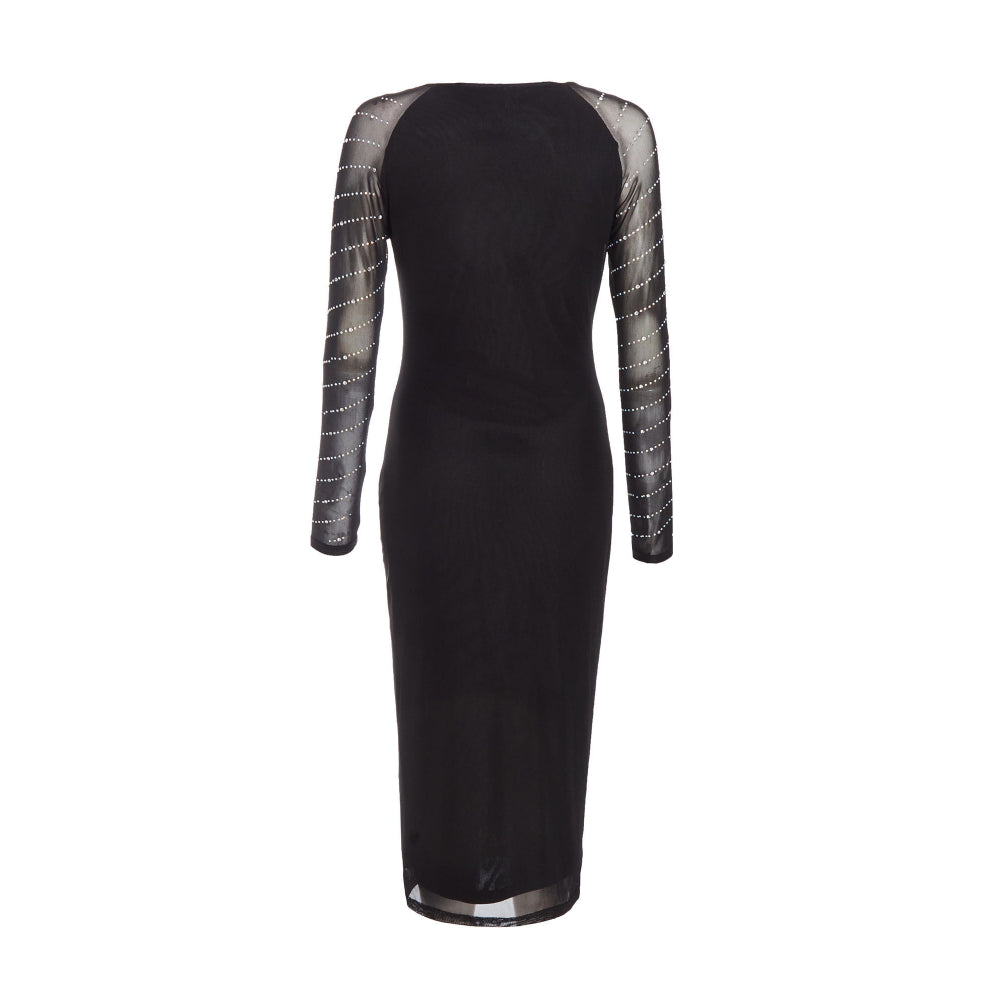 Quiz Clothing Black Diamante Stud Mesh Long Sleeve Midi Dress