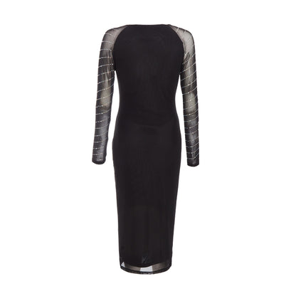 Quiz Clothing Black Diamante Stud Mesh Long Sleeve Midi Dress