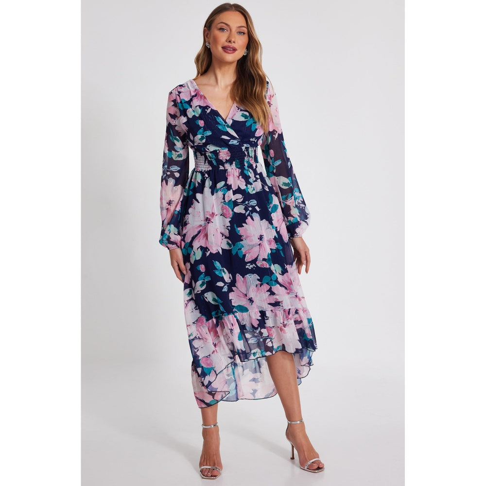 Quiz Clothing Multicolor Floral Chiffon V-Neck Long Sleeve Midi Dress