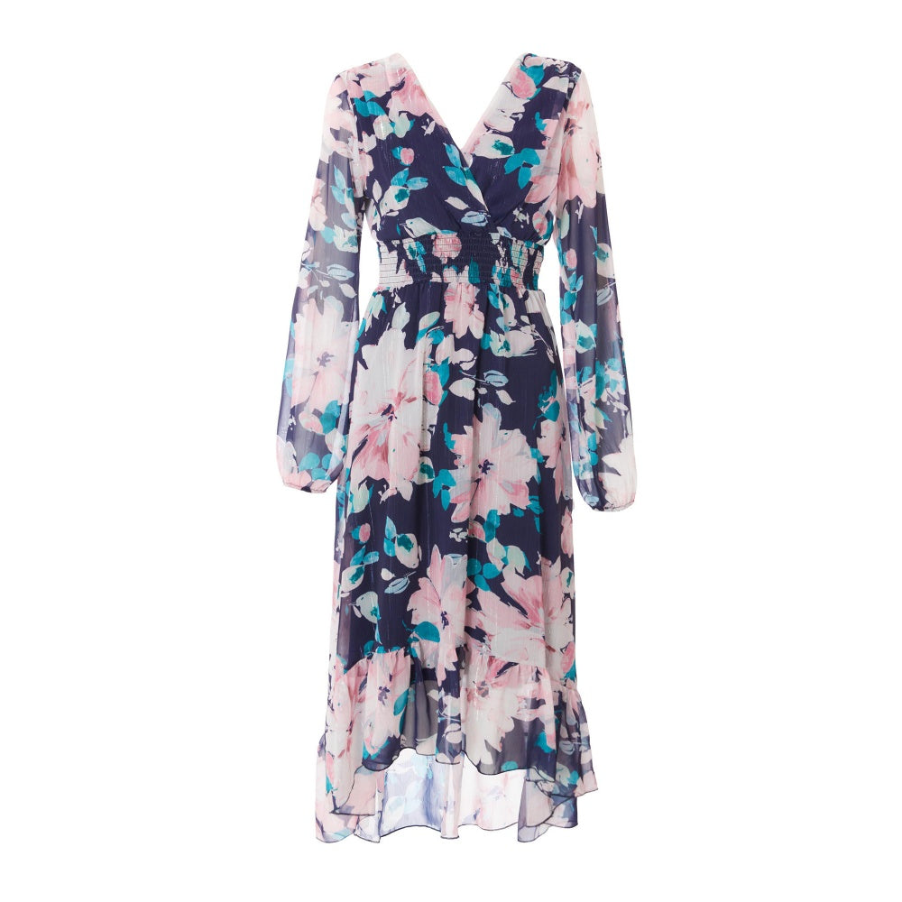 Quiz Clothing Multicolor Floral Chiffon V-Neck Long Sleeve Midi Dress