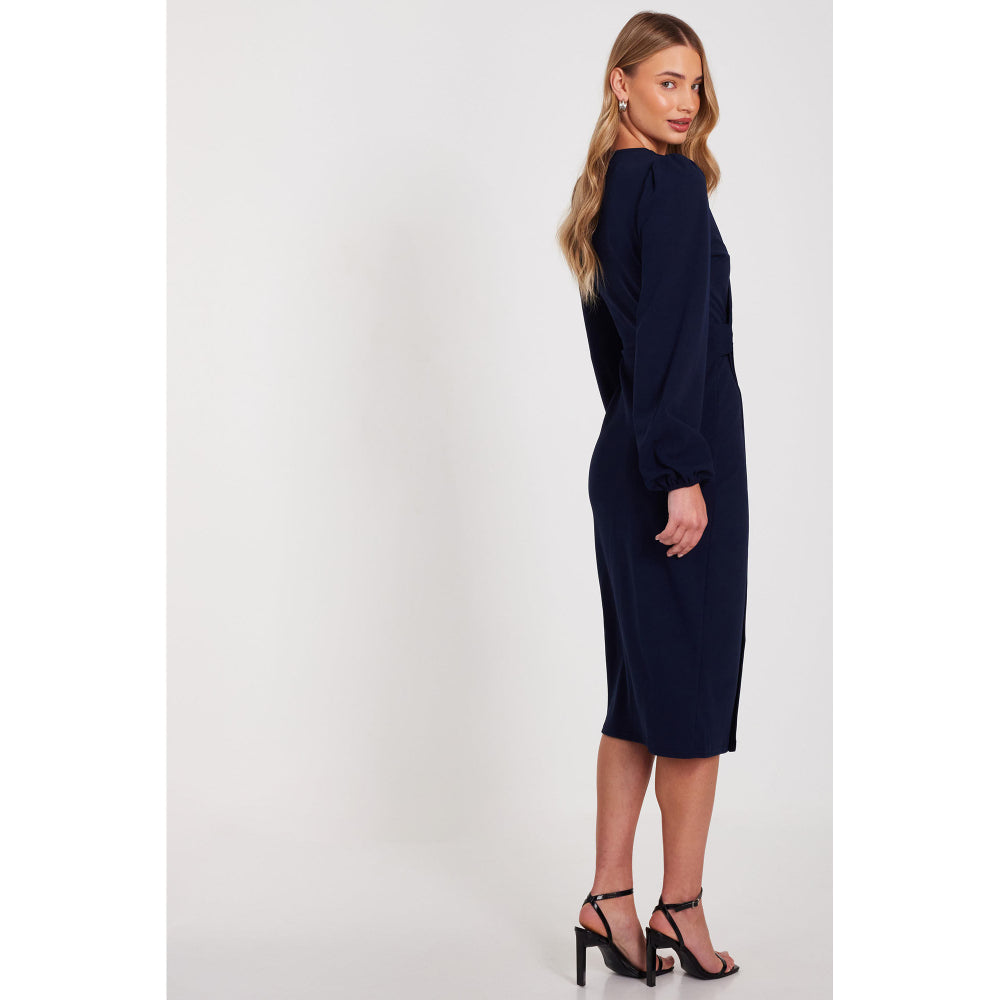 Quiz Clothing Navy Blue V-Neck Long Sleeve Wrap Midi Dress