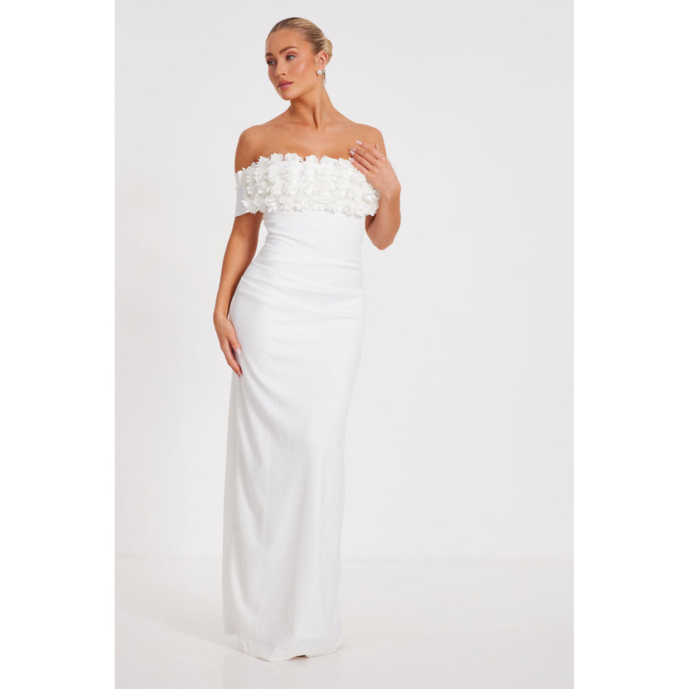Quiz Clothing White Off-Shoulder with 3D Floral Detail Maxi Dress