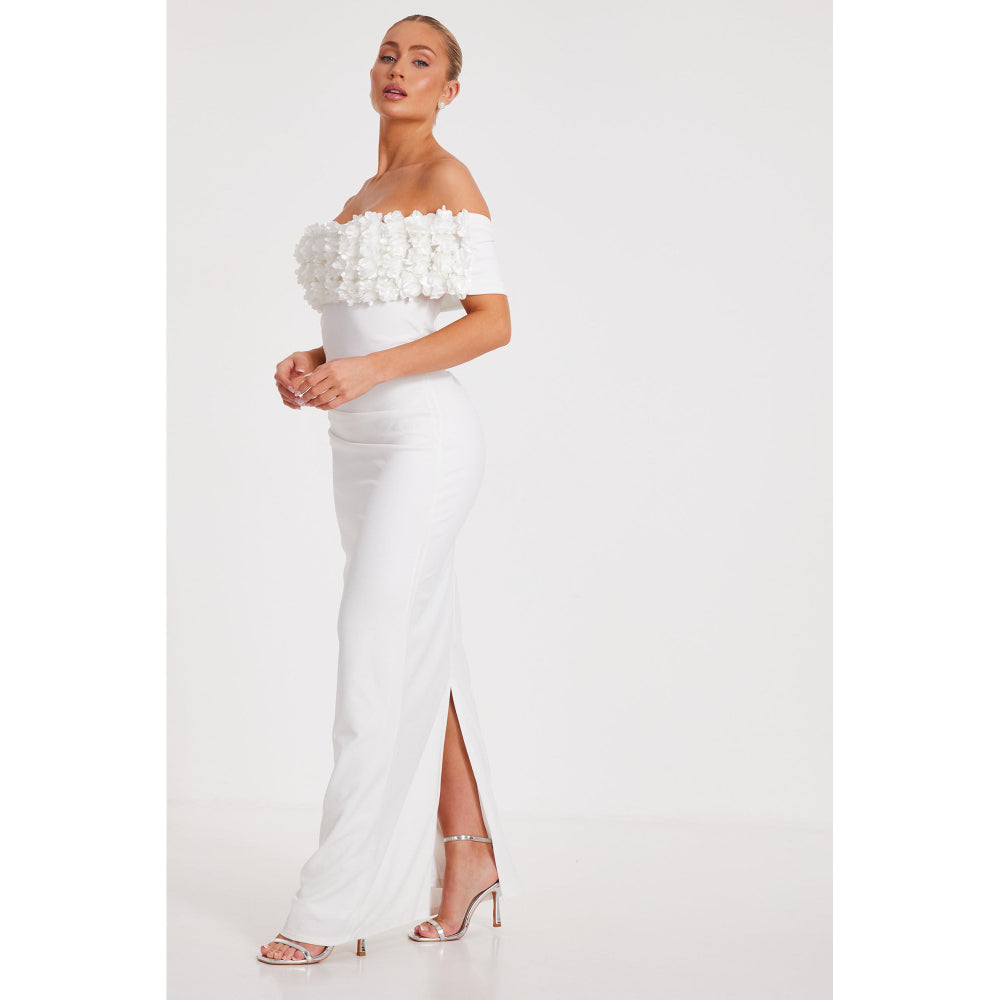 Quiz Clothing White Off-Shoulder with 3D Floral Detail Maxi Dress
