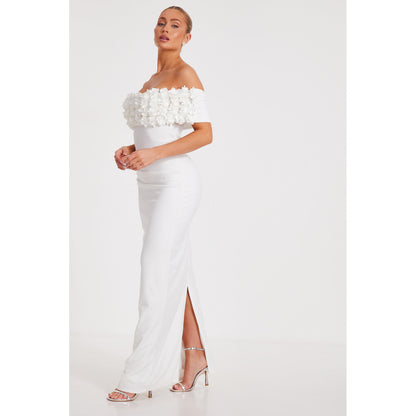 Quiz Clothing White Off-Shoulder with 3D Floral Detail Maxi Dress