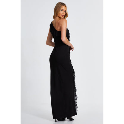 Quiz Clothing Black One Shoulder with Slit & Mesh Frill Detail Maxi Dress