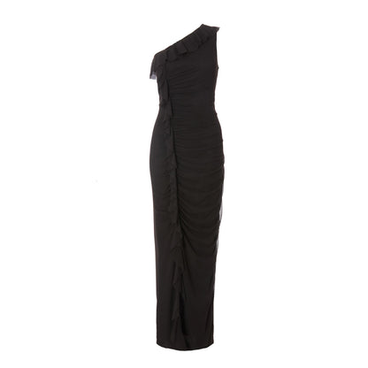 Quiz Clothing Black One Shoulder with Slit & Mesh Frill Detail Maxi Dress
