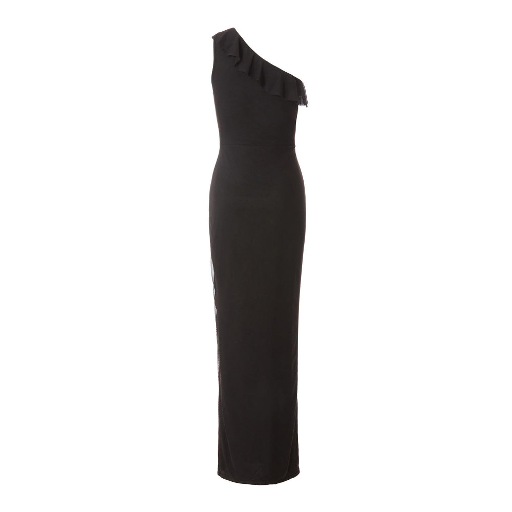 Quiz Clothing Black One Shoulder with Slit & Mesh Frill Detail Maxi Dress