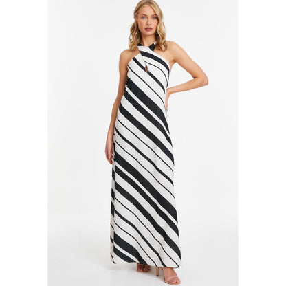 Quiz Clothing White And Black Striped Halter Neck A-Line Maxi Dress