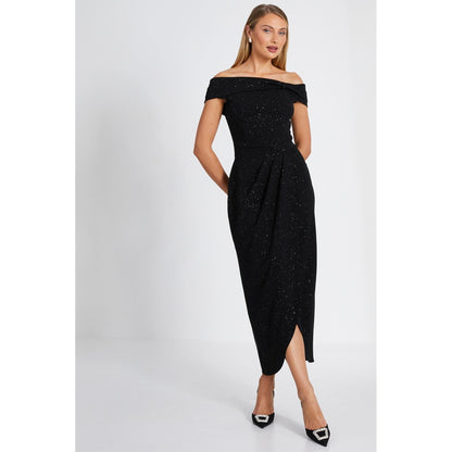 Quiz Clothing Black Glitter Embellished Off- Shoulder Bodycon Midi Dress