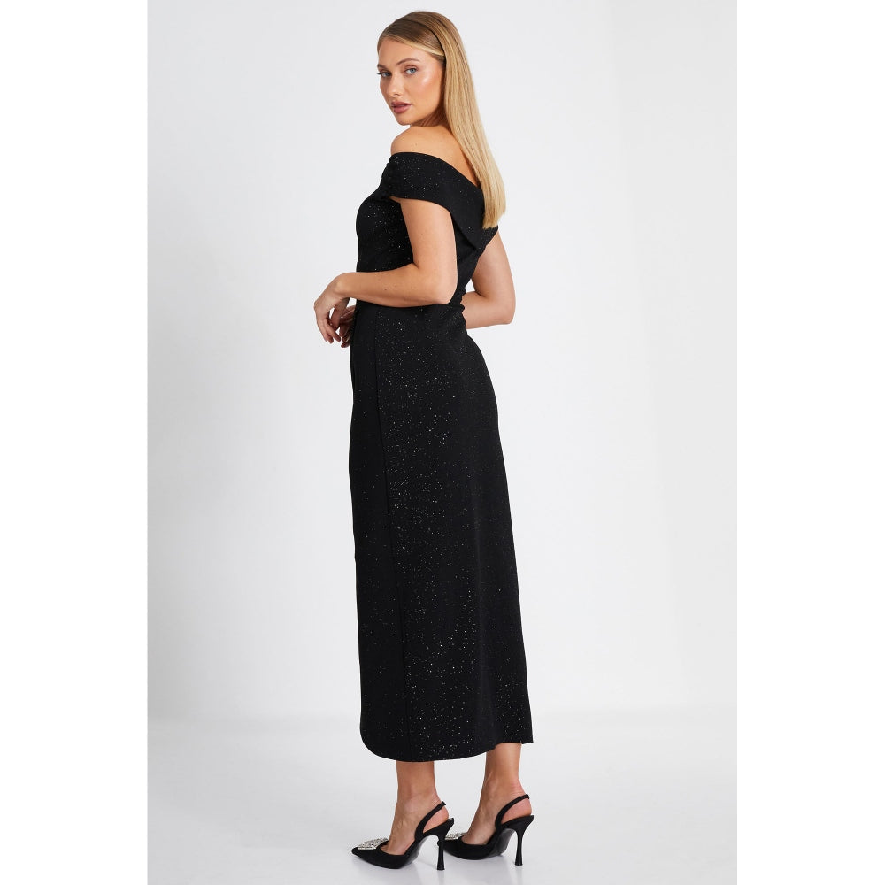 Quiz Clothing Black Glitter Embellished Off- Shoulder Bodycon Midi Dress