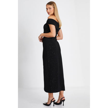 Quiz Clothing Black Glitter Embellished Off- Shoulder Bodycon Midi Dress