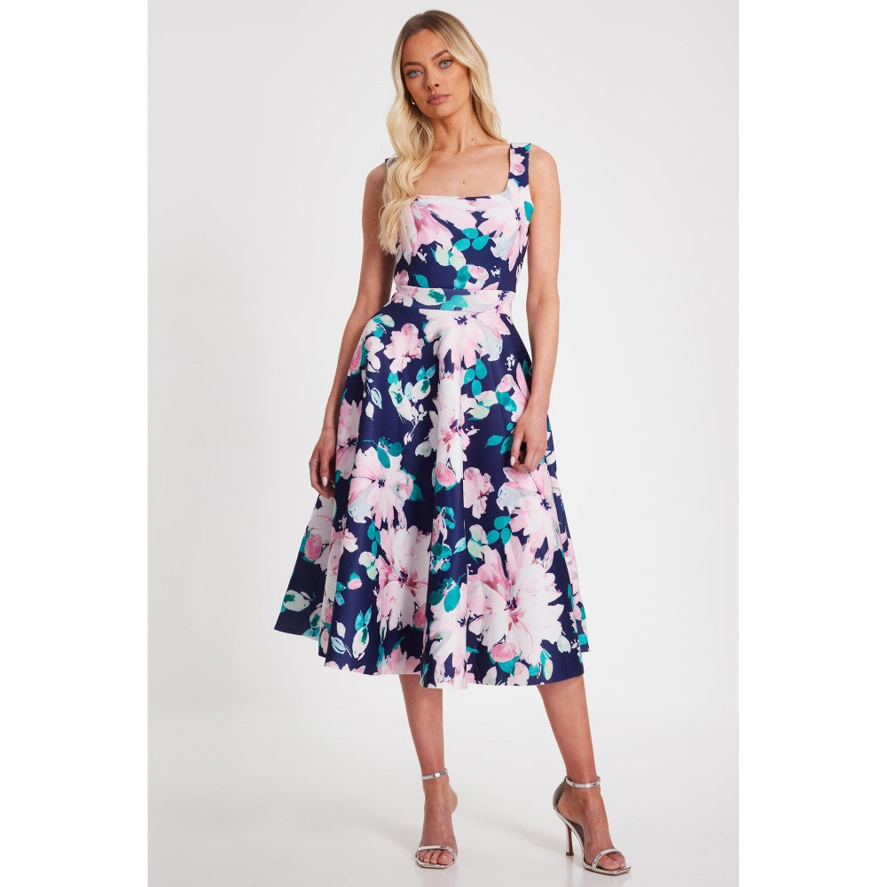 Quiz Clothing Multicolor Square Neck Sleeveless Floral Midi Skater Dress