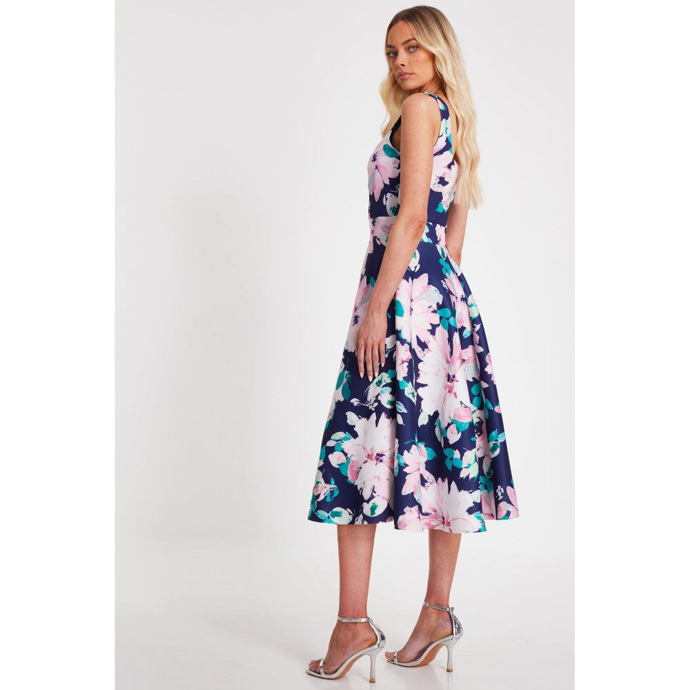 Quiz Clothing Multicolor Square Neck Sleeveless Floral Midi Skater Dress