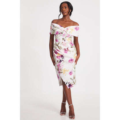 Quiz Clothing White Off-Shoulder Floral Bodycon Midi Dress