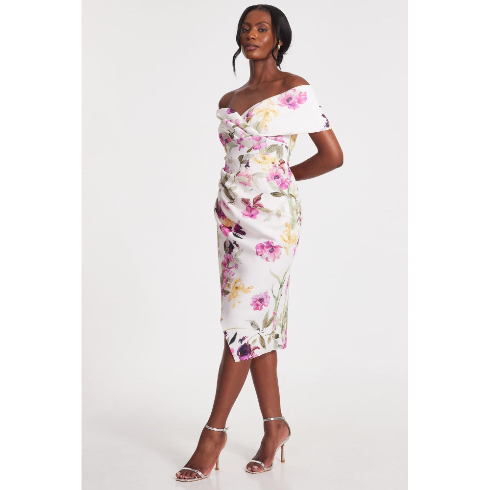 Quiz Clothing White Off-Shoulder Floral Bodycon Midi Dress