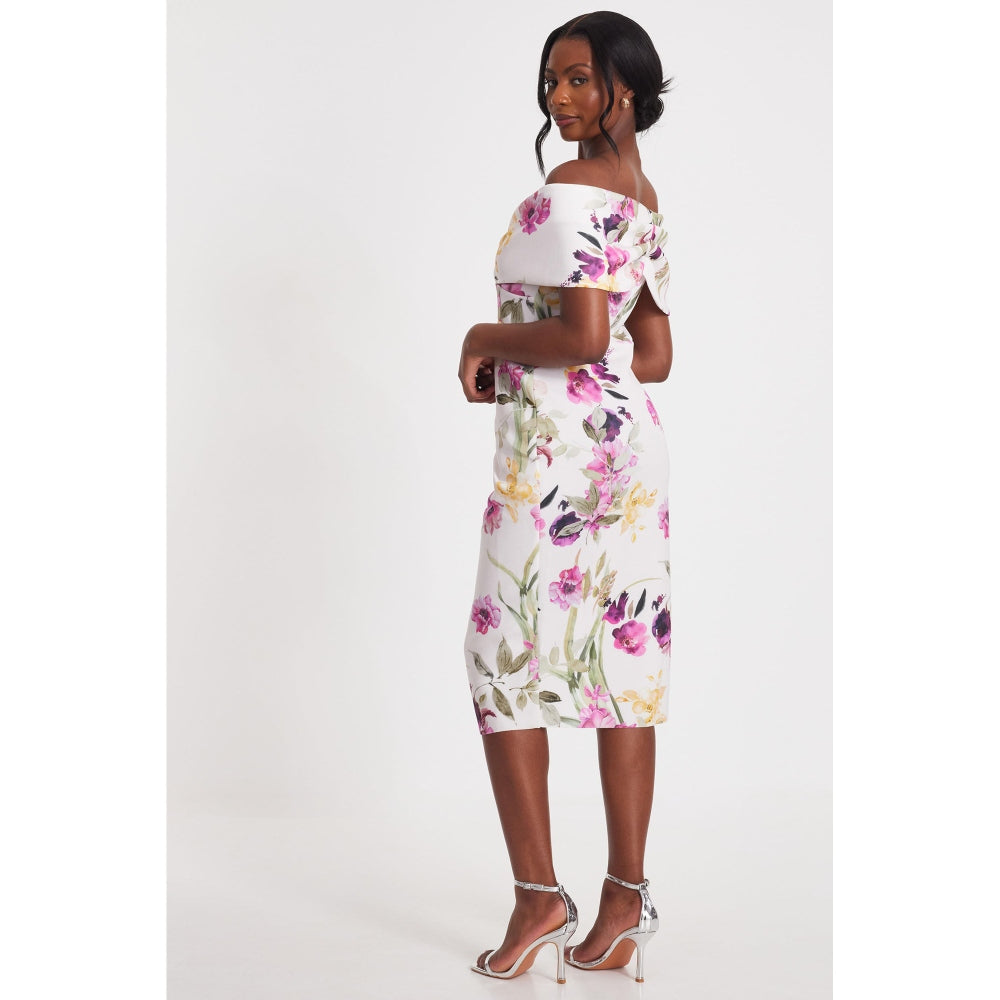Quiz Clothing White Off-Shoulder Floral Bodycon Midi Dress