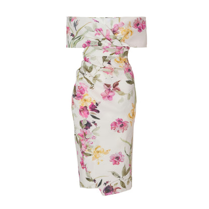Quiz Clothing White Off-Shoulder Floral Bodycon Midi Dress