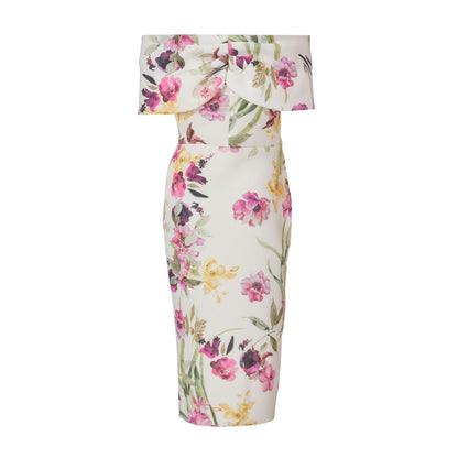 Quiz Clothing White Off-Shoulder Floral Bodycon Midi Dress