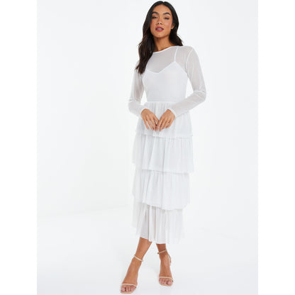 Quiz Clothing White Mesh Round Neck Full Sleeves Layered Skater Midi Dress
