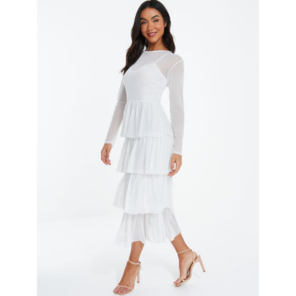 Quiz Clothing White Mesh Round Neck Full Sleeves Layered Skater Midi Dress