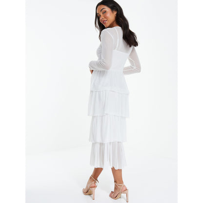 Quiz Clothing White Mesh Round Neck Full Sleeves Layered Skater Midi Dress