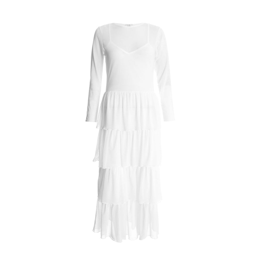 Quiz Clothing White Mesh Round Neck Full Sleeves Layered Skater Midi Dress