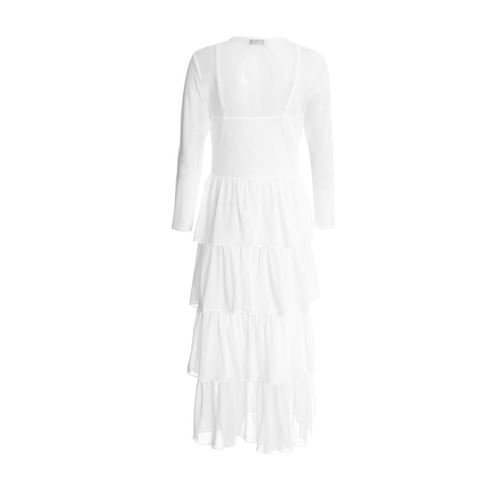 Quiz Clothing White Mesh Round Neck Full Sleeves Layered Skater Midi Dress
