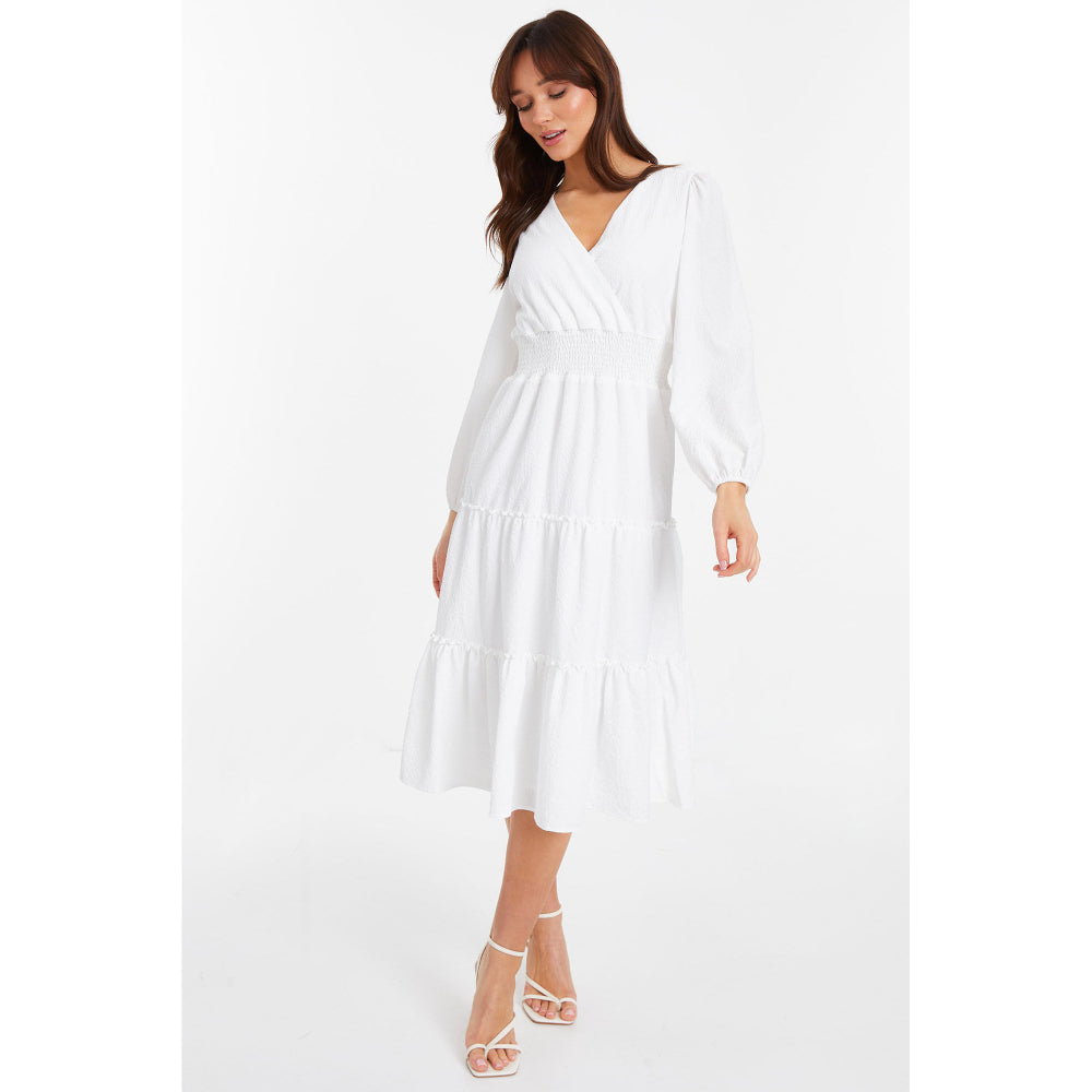 Quiz Clothing White V-Neck Full Sleeve Waisted Fit And Flared Midi Dress