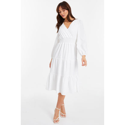 Quiz Clothing White V-Neck Full Sleeve Waisted Fit And Flared Midi Dress