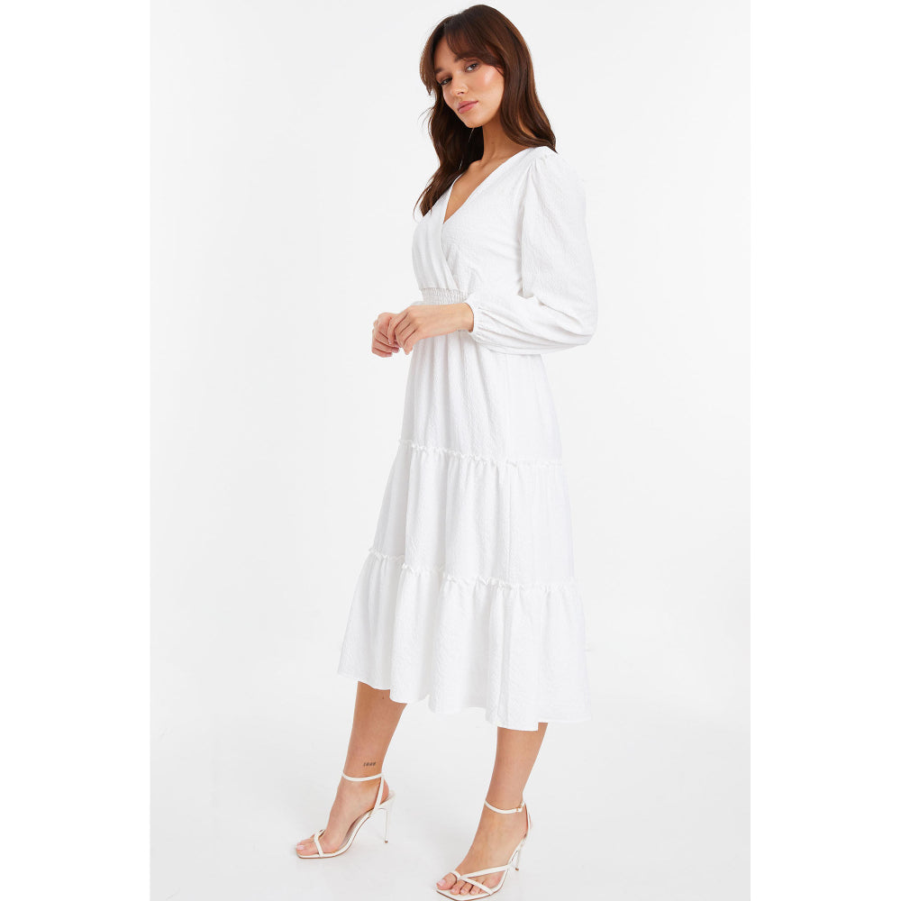 Quiz Clothing White V-Neck Full Sleeve Waisted Fit And Flared Midi Dress